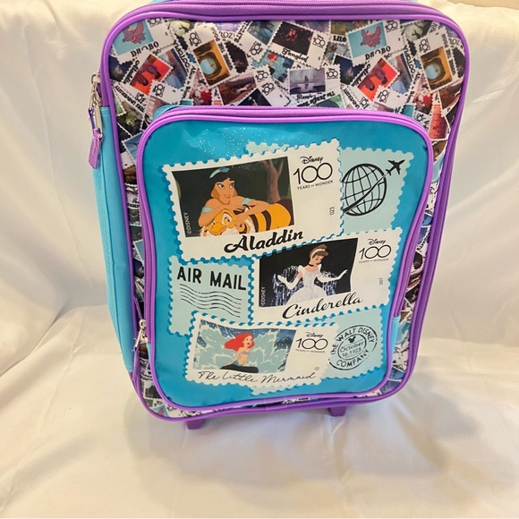 Disney 100 Year Anniversary Kids Travel Bag On Wheels Purple Blue Air Mail Stamp - Picture 4 of 11